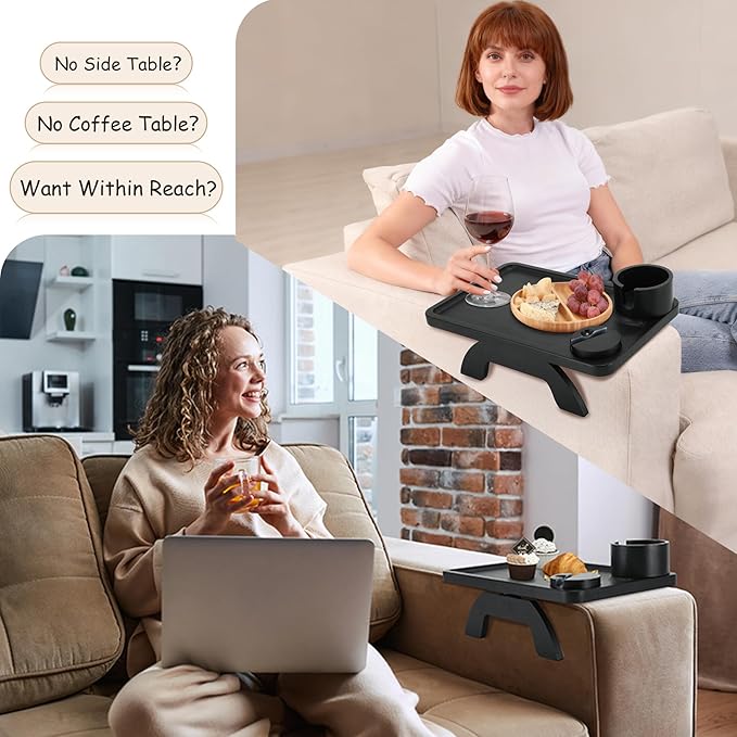 Black Couch Arm Table, Solid Bamboo Sofa Armrest Tray with 360 Rotating Cup Holder & Phone Stand, Large Clip-on Side Table for Drinks & Remote, Fits Round & Square Arms, 15.36x9.85