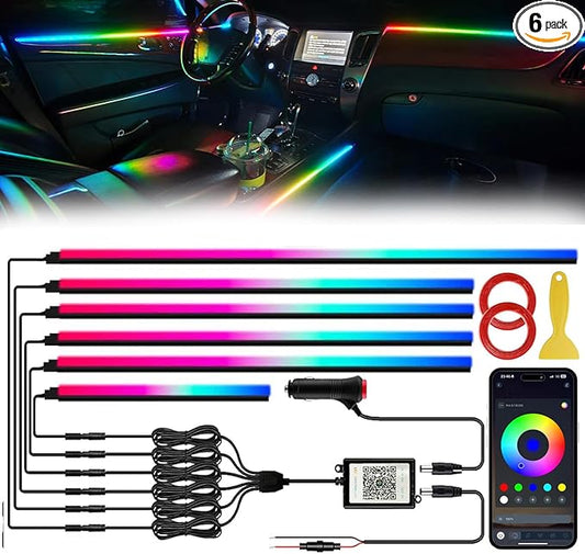 Acrylic Interior Car LED Lights with Wireless APP 6 in 1,Ambient Lighting Kits Fiber Optic Strip LEDs,16 Million Colors Music&DIY Function, Car Decorations Interior Accessories Gifts for Women Men