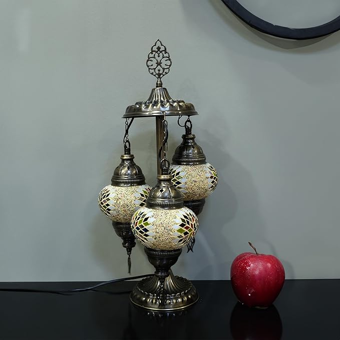 Asylove Turkish Lamp, 3 Globe Turkish Mosaic Table Lamp, Living Room and Office Decoration Lighting 5 inc Globe Total Dimesions 12 x 12 x 24 inch (Yellow Mix)