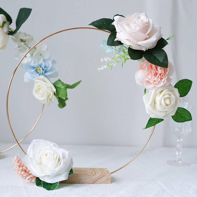 12Pcs 12 Inch Floral Hoop Centerpiece Table Decorations, Metal Gold Center Pieces Decoration for Table with Wood Base, Table Centerpieces for DIY Wedding Decor Wall Hanging Crafts
