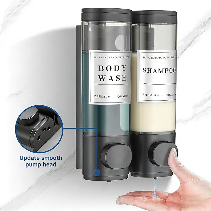 Shampoo and Conditioner Dispenser Bathroom Shower Soap Dispenser Wall Mounted Shampoo Dispenser for Shower Wall No Drill 2 * 300ml Black 2 Chamber with Waterproof Labels