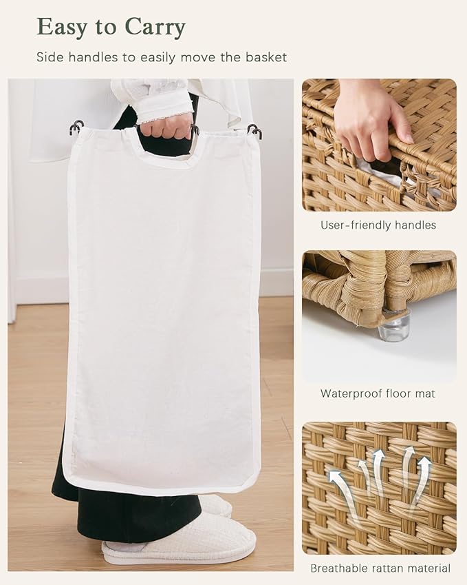 SETVSON Laundry Hamper with Lid Laundry Basket 132 L (35 Gal) Wicker Clothes Hamper, Handwoven Rattan Hamper with Handles and 4 Removable Liner Bags, 6 Mesh Bags for Laundry Bedroom Natural