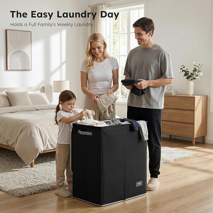 SOLEDI Double Laundry Hamper with Lid and Removable Laundry Bags - Large Dirty Clothes Hamper 2 Section - Collapsible Laundry Baskets for Bedroom, Bathroom, Laundry room, Apartment, Black