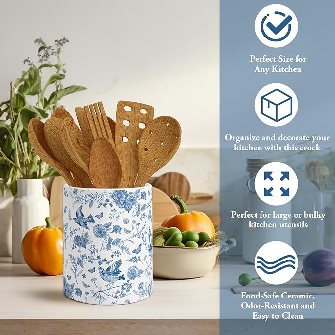 Whaline Blue Floral Ceramic Utensil Holder Vintage Chinoiserie Flower Bird Utensil Crock for Home Kitchen Countertop Storage Organizer Container