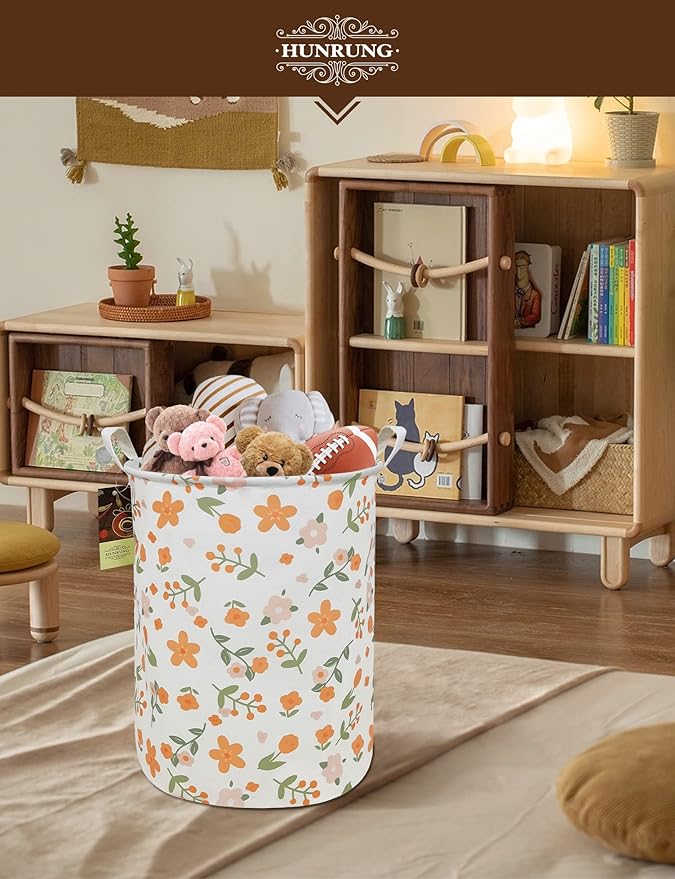 HUNRUNG Collapsible Fabric Storage Basket, Waterproof Laundry Hamper with Handles, Round Storage Bin for Clothes Toys, Foldable Organizer for Bedroom Nursery Bathroom(Round-Orange Flower)