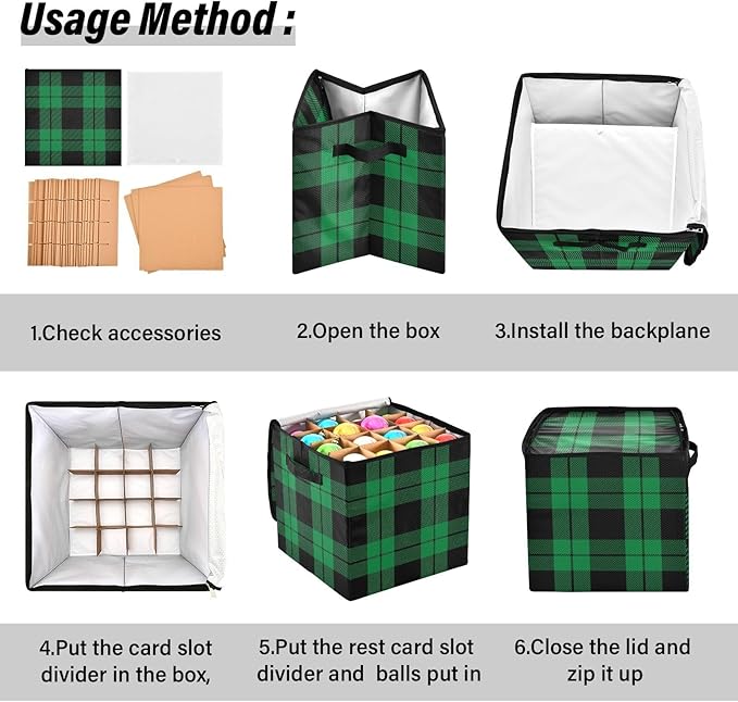 Green Black Christmas Ornament Storage Basket Box Buffalo Plaid Winter Holiday Storage Container Cube with Adjustable Dividers for 64 Holiday Ornaments or Decorations Keeps Clean and Dry