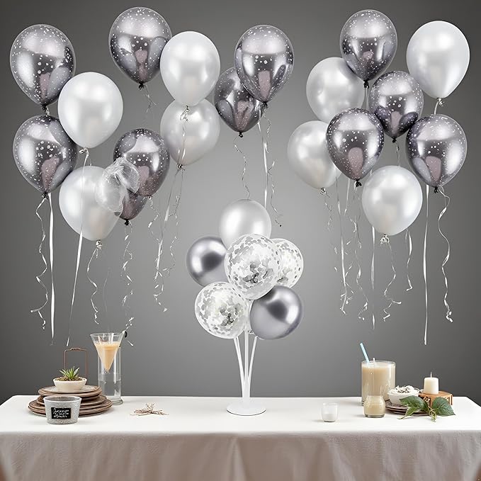 ZJDHPTY Silver Balloon Stand Centerpiece Table Decorations for 25th Wedding Anniversary Birthday Bridal Shower Father's Day Mother's Day Platinum Party Decorations(Silver gray set4)