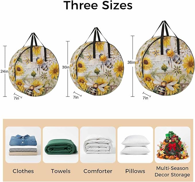 Summer Sunflower Bee Round Storage Bag 30 Inch, Yellow Floral Plants Wood Grain Rustic Clothes Storage Container with Handles Heavy Duty Organizer for Comforter, Bedding & Holiday Wreaths