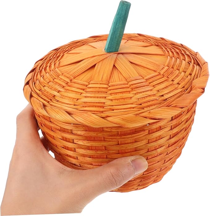 LABRIMP Woven Pumpkin Shaped Decorative Storage Basket with Lid Multi Purpose Organizer for Candy Eggs Sundries and Fruit for Home and Desktop Use