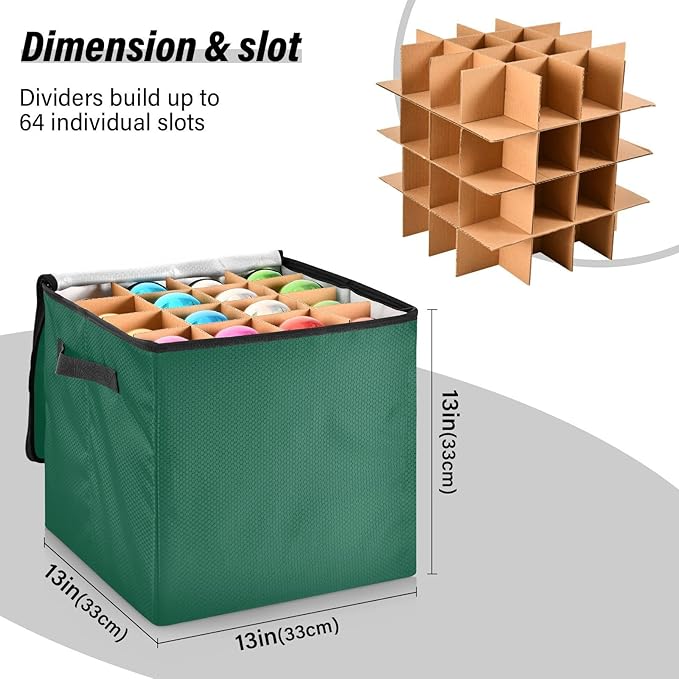 Dark Green Christmas Ornament Storage Basket Box Holiday Storage Container Cube with Adjustable Dividers for 64 Holiday Ornaments or Decorations Keeps Clean and Dry for Next Season