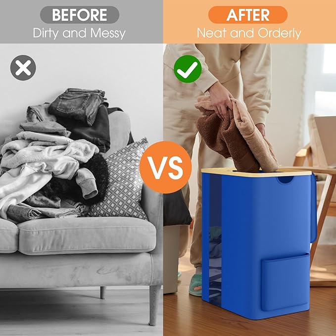 SpaceTrove Laundry Basket Clothes Hamper with Lid and Pocket Large Collapsible Laundry Baskets with Handle, Blue Freestanding Hampers for Bedroom Aesthetic, Dorm, Bathroom, Laundry Room (80L)