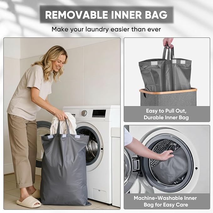 BALEINE Laundry Hamper with Lid, Tall Laundry Baskets with Bamboo Pull Handles, Large Laundry Bin with Internal Support (26 Gal/100L, Grey Pinstripe)