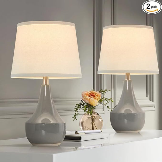 GyroVu 18" Table Lamp Set of 2, Ceramic Table Lamp Classic Beside Lamps Nightstand Lamp Modern Lamp for Living Room, Bedroom & Office Rocker Swtich Grey-LED Bulbs Included