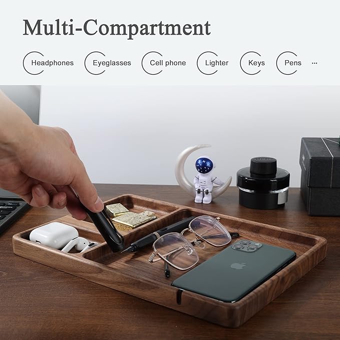 Personalized Walnut Valet Tray – Custom Engraved Wooden Nightstand Organizer, Personalized Gift for Dad Mom Men Women Husband Wife Lover Friend