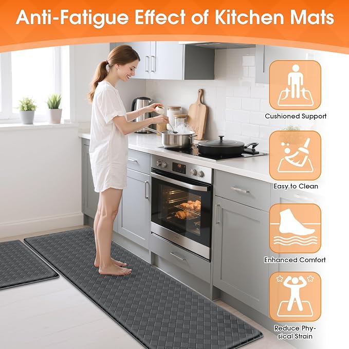 TranquilRelax Kitchen Mats, 2PCS Kitchen Rugs, Cushioned Anti Fatigue Kitchen Mats for Floor, Non-Slip Standing Desk Mat, Waterproof Kitchen Rug Set for Kitchen Floor Office,17.3"×30"+17.3"×59" Grey