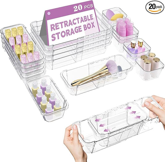 20 Pcs Clear Drawer Organizer, Adjustable Drawer Storage Box, 3-Size Desk Drawer Organizer, Acrylic Storage Bins for Makeup, Kitchen Utensils, Bedroom Dressers Tool Organizer for Gadgets