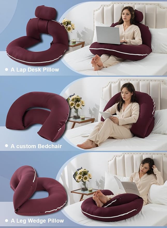 INSEN Reading Pillow, Back Pillow for Sitting in Bed for Reading, Nurse & Relax, Reading Pillow for Adults, Moms & Kids, Sit Up Pillow for Bed, Dark Purple