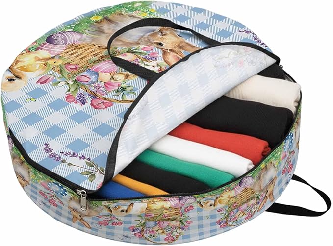 30 Inch Round Storage Bag 1 Pack,Happy Easter Eggs Rabbit Chick Waterproof Wreath Storage Container with Handles&Zipper Spring Flowers Blue Checkered Closet Organizer Bags Garland Box