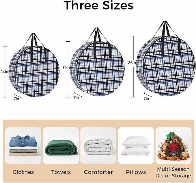 Storage Bag Blue Black Buffalo Plaid Round Storage Totes Bins Closet Organizers with Zippers & Handle Check Stripe Clothes Storage Container for Bedroom Dorm Space Saving Packing Supplies Moving Bags