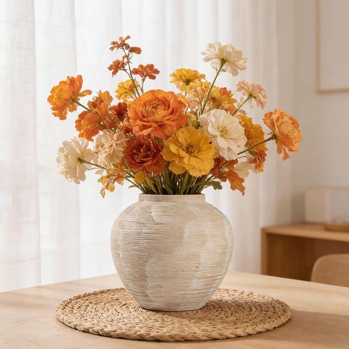 Large Rustic Farmhouse Vase - 8.8 in Ceramic Boho Decorative Vase for Home Decor, Round Clay Whitewashed Terracotta Bowl vase for Living Room, Table, Shelf, Centerpieces