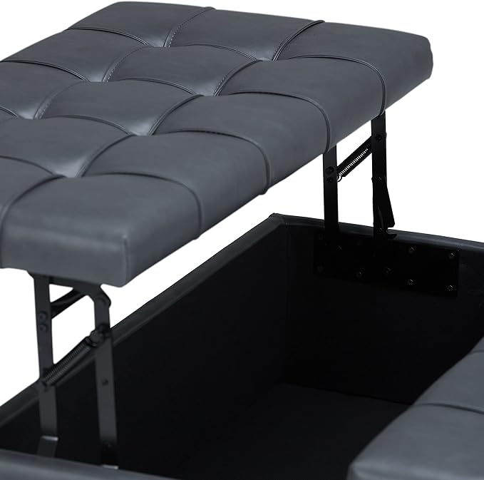 SIMPLIHOME Harrison Coffee Table Storage Ottoman - 36 inch Wide Upholstered Vegan Leather Square Lift-Top Ottoman in Stone Grey, Transitional Ottoman for Living Room with Hidden Storage