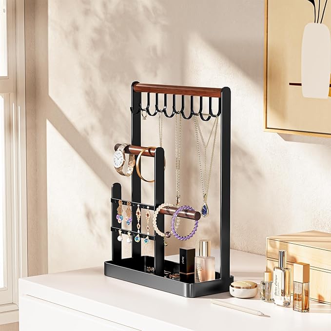 ProCase Jewelry Stand Holder Organizer, 4-Tier Necklace Holder with Ring Tray, 10 Hooks Necklaces Hanging Small Jewelry Display Storage Tower Tree for Bracelets Earrings Watches -Medium, Black