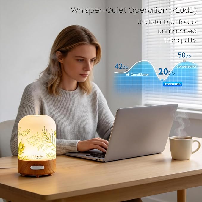 Essential Oil Diffuser, Hand Blown Glass Aromatherapy Diffuser, Ultrasonic Cool Mist Scent Aroma Humidifier, Diffuser Oil Machine Whisper Quiet with Auto Shut-Off for Home Bedroom Office(<25dB)