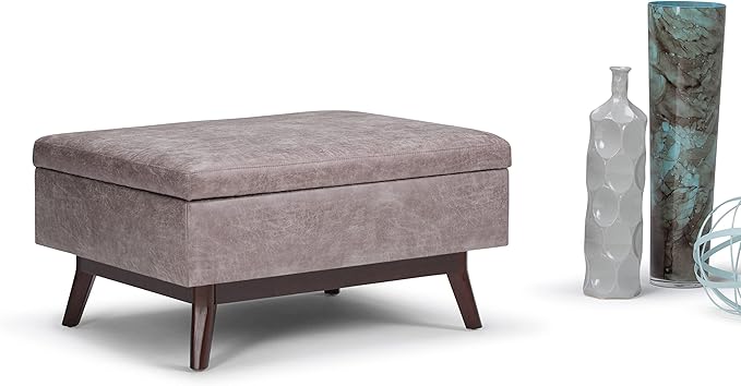 SIMPLIHOME Owen Coffee Table Storage Ottoman - 34" Wide x 19" High Upholstered Vegan Leather Rectangular Lift-Top Ottoman in Distressed Grey Taupe, Mid-Century Modern Bench with Tapered Legs