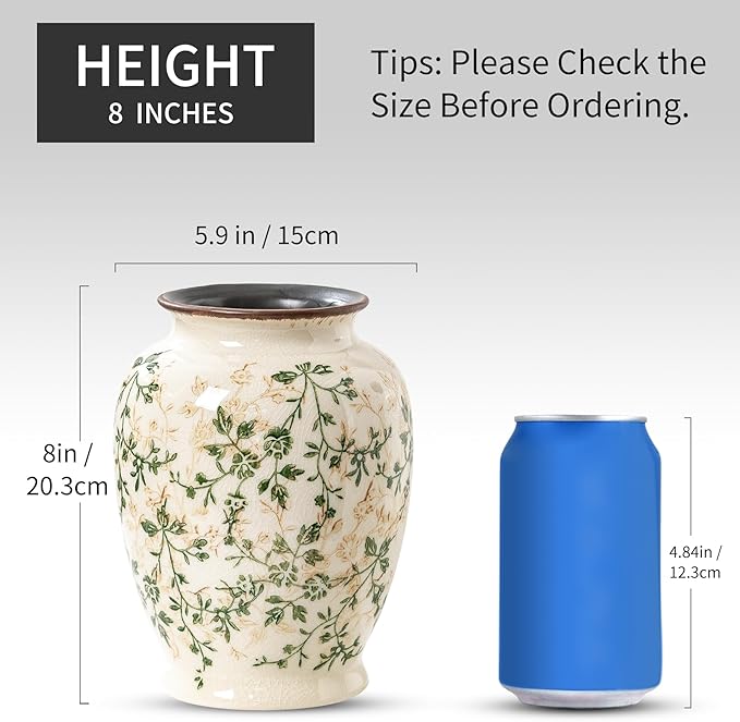 for Mom from Daughter or Son, Vintage Green & Beige Round Chinoiserie Ceramic Vase 8”, Ice Crack Floral Retro Decor for Living Room, Bookshelf, Office, Rustic Table Centerpiece
