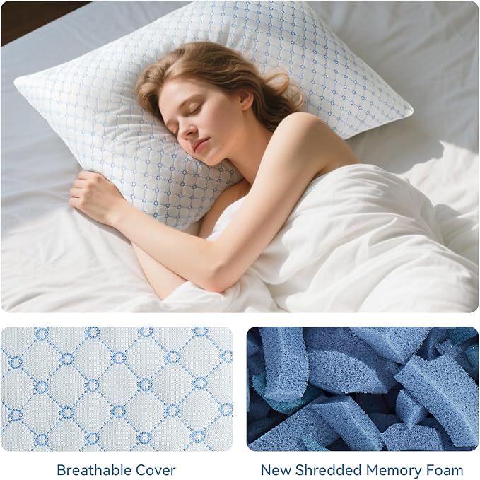 Cooling Bed Pillow for Sleeping, Shredded Memory Foam Pillows for Bed King Size, Adjustable Cool Pillow for Side, Back and Stomach Sleepers Neck Supportive-King Size