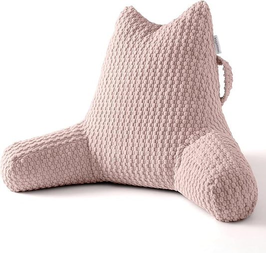 Reading Pillow for Bed Sitting Up, Backrest Pillow with Shredded Memory Foam Filling, Back Support Cushion, Bed Rest Pillow with Arms, Pockets and Washable Cover-Pink