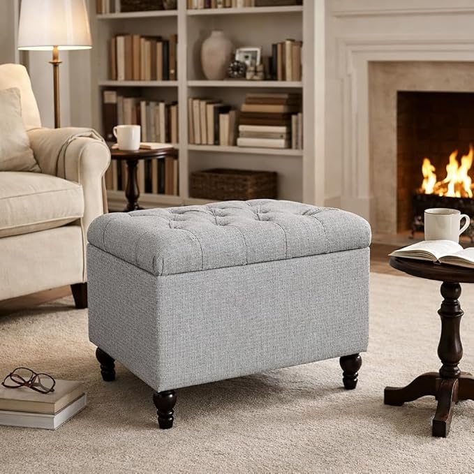 Homepop Home Decor | Upholstered Button Tufted Storage Ottoman | Hinged Lid Ottoman with Storage for Living Room & Bedroom | Decorative Home Furniture (Pewter Gray)