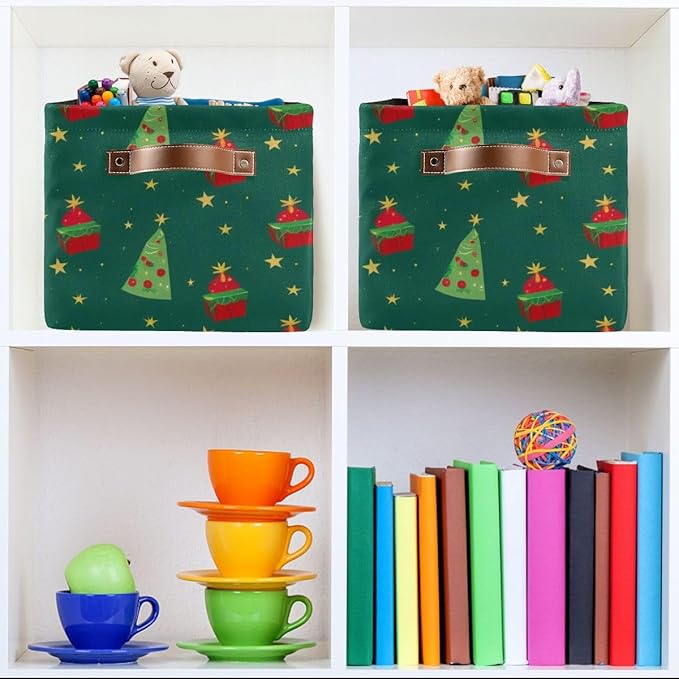 Christmas Storage Basket, Collapsible Canvas Box with Green Tree Pattern, 14.2x10.2x8.3 Inches, Decorative Organizer for Bedroom Storage with Leather Handles