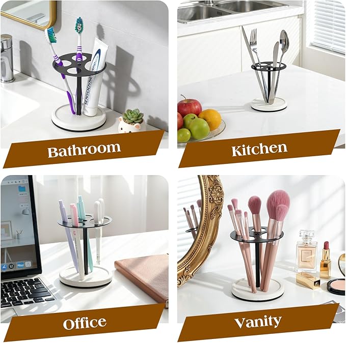 Luxspire Toothbrush Holder Stand 5 Slots, Stainless Steel Tooth Brush Holder with Diatomaceous Earth Base, Tooth Brush Holder for Bathroom, Home, Hotel Countertop Vanity, Matte Black