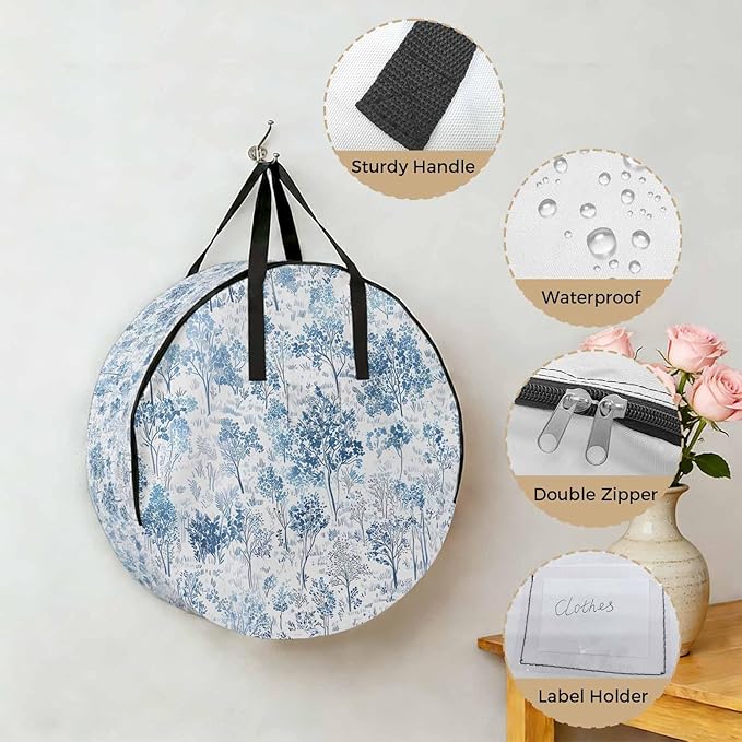 Storage Bag Maple Tree Pine Round Storage Totes Bins Closet Organizers with Zippers & Handle Watercolor Plants Blue Clothes Storage Container for Bedroom Dorm Space Saving Packing Supplies Moving Bags