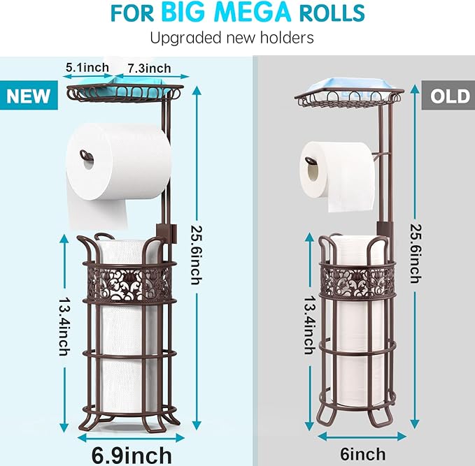 Upgraded Toilet Paper Holder Stand for Bathroom, Holds 3 Big Rolls of Jumbo Mega Paper, Top Shelf for Wipes Tissue, Sturdy Freestanding Paper Roll Dispenser, Floral Pattern, Bronze Red