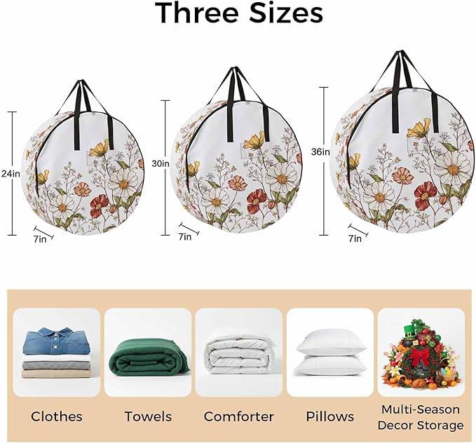 Daisy Flowers Round Storage Bag 36 Inch, Plants Spring Clothes Storage Container with Handles Heavy Duty Organizer for Comforter, Bedding & Holiday Wreaths