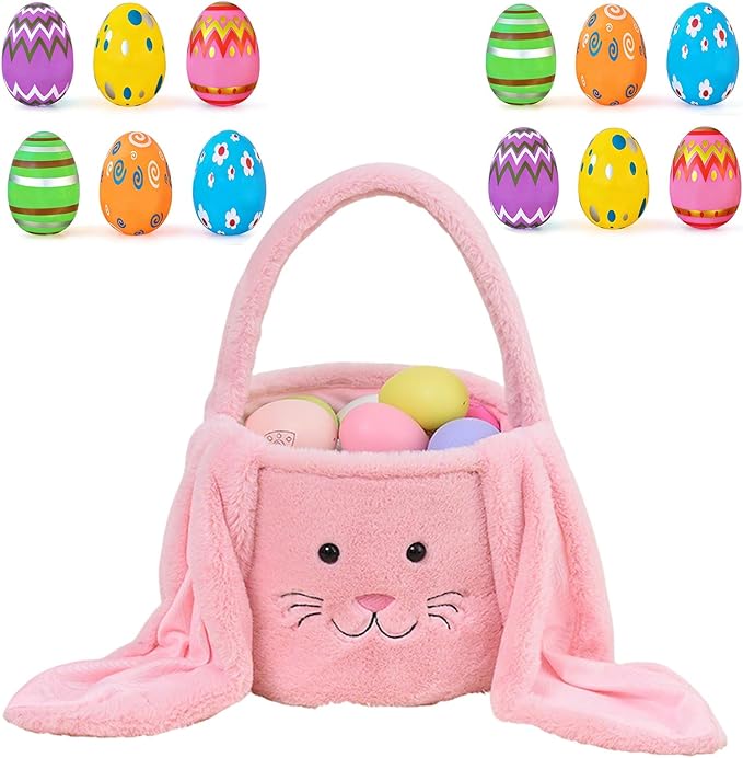 Plush Bunny Easter Egg Handbag Set, 2026 New Easter Storage Basket, 12 Openable Easter Eggs(Pink)