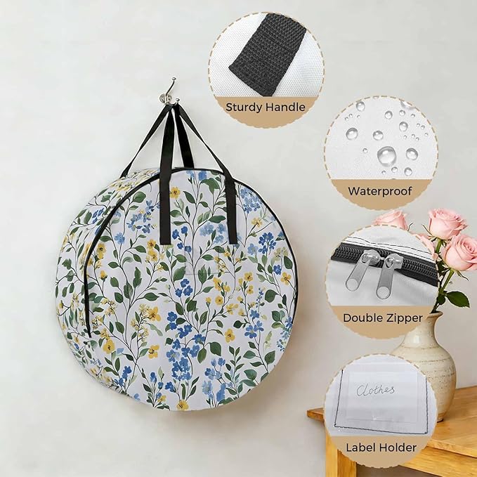 Spring Wildflower Round Storage Bag 30 Inch, Blue Yellow Floral Watercolor Leaf Plant Clothes Storage Container with Handles Heavy Duty Organizer for Comforter, Bedding & Holiday Wreaths