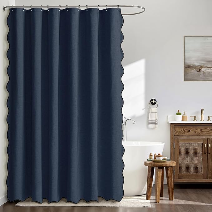 MIULEE Navy Scalloped Shower Curtain Linen Textured with 12 Metal Hooks Cute Heavy Duty Washable Waterproof Thick Cloth Shower Curtains with Black Border for Bathroom Hotel Bathtub,W72*L72