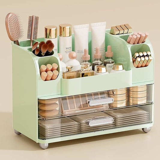Makeup Organizer for Vanity with 2 Large Drawers, Cosmetic Display Case with Brush Holders, Easy to Storage for Bathroom Countertop Skincare, Perfume, Green
