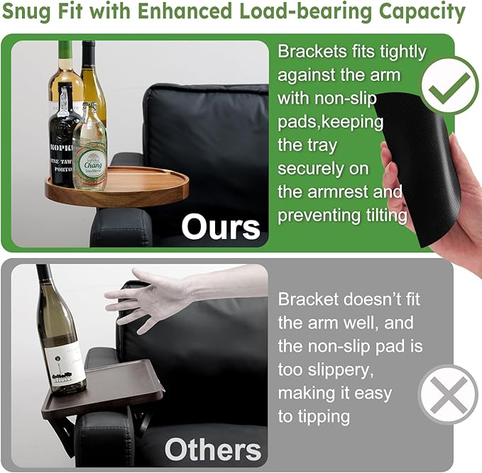 Acacia Wood Couch Arm Tray Table,Anti-Slip Adjustable Round Sofa Arm Tray,Wooden Armrest Caddy Table for Couches,Arm Chair Companion for Drinks Cellphone TV Remote Snacks