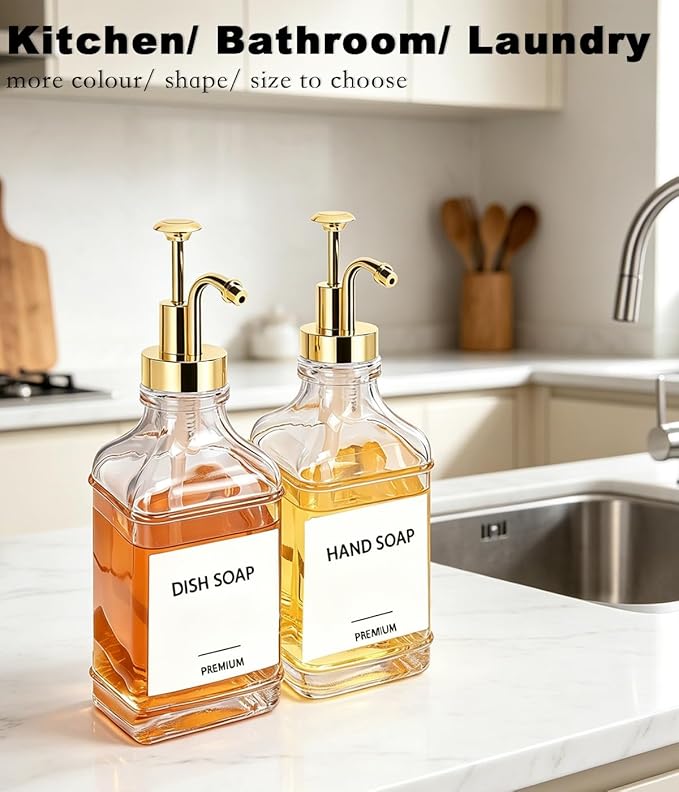 Dish Soap Dispenser for Kitchen, Hand Glass Soap Dispenser Set with Pump, Funnel for Bathroom, Shower, Laundry, Liquid, Lotion (Gold 2 Pack 18 Oz Clear Bottles with 12 Stickers)