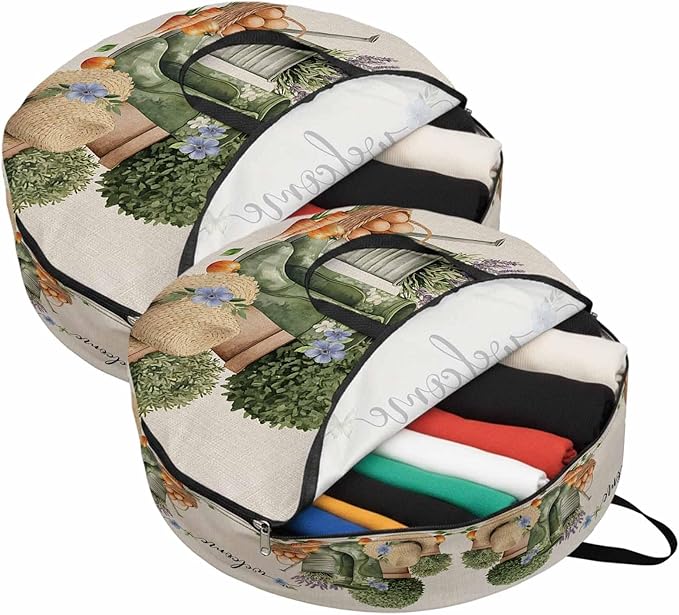 36 Inch Round Storage Bag 2 Pack,Farm Lavender Egg Radish Waterproof Wreath Storage Container with Handles&Zipper Retro Flowers on Linen Closet Organizer Bags Garland Box