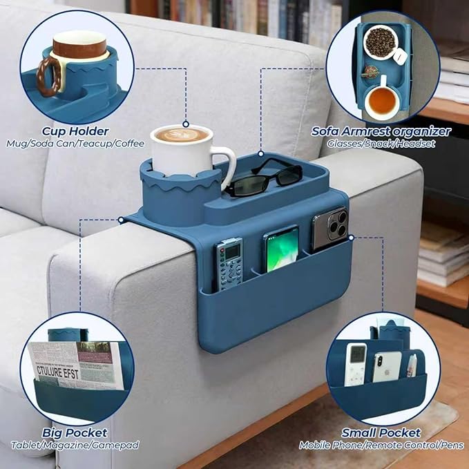 Silicone Couch Cup Holder Tray, 3-Side Sofa Armrest Organizer with Secure Gear-Shaped Locking Holder & Large Tablet Slot, Non-Slip Weighted Armchair Caddy, Couch Accessories (Navy Blue)