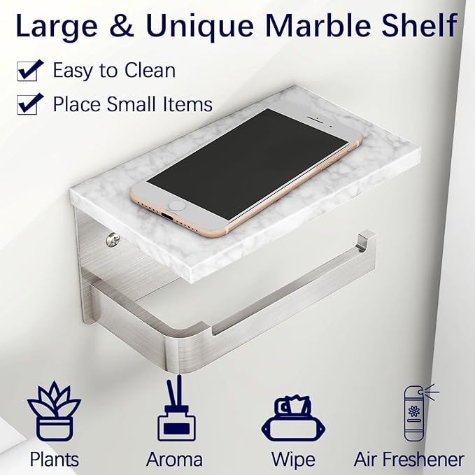 Gypie Toilet Paper Holder with Shelf, Extended Base Wall Mounted, Marble Toilet Roll Holder Brushed Nickel for Bathroom Washroom