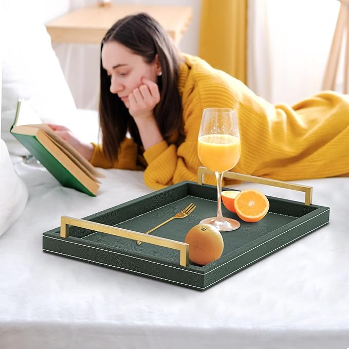 XIGEXIGE Green Decorative Serving Tray,Rectangular Tray for Coffee Table,Faux Leather Serving Tray with Handles for Ottoman,Shagreen Leather Tray for Bathroom