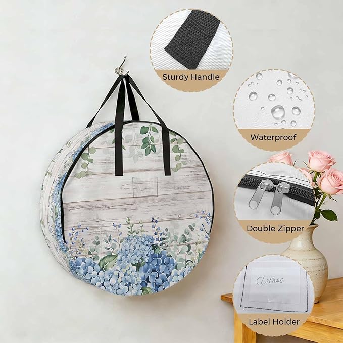 Storage Bag Blue Hydrangea Round Storage Totes Bins Closet Organizers with Zippers & Handle Green Eucalyptus Leaves Wood Grain Clothes Storage Container for Bedroom Dorm Space Saving Packing Supplies