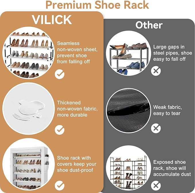 VILICK Shoe Rack with Cover, 5 Tier Shoe Organizer Storage for 20-24 Pair Shoes and Boots Large Shoe Storage Shelf Space Saving Vertical Shoe Rack for Closet, Front Door Entrance, Dorm, Garage, White