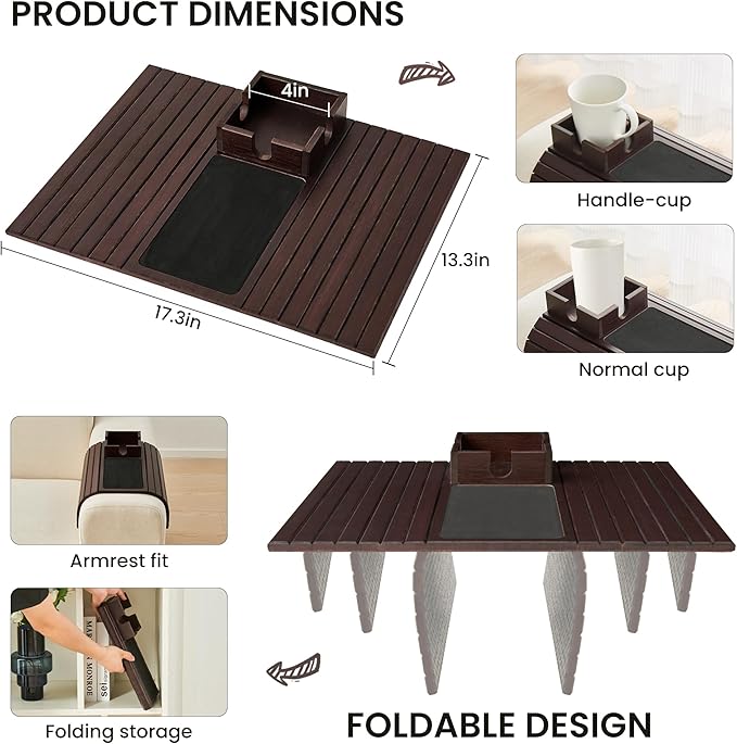 LOVYANXUE Bamboo Couch Cup Holder, Foldable Sofa Arm Tray, Anti-Slip Couch Aremrest Tray Table for Drink, Cup, Remote, Snacks, Cellphone, Portable, Mahogany